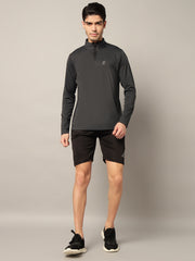 Men Solid Zip Neck Polyester Black T-Shirt