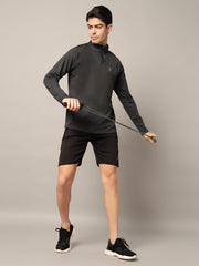 Men Solid Zip Neck Polyester Black T-Shirt