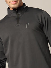 Men Solid Zip Neck Polyester Black T-Shirt