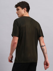 Men Solid Round Neck Polyester Olive T-Shirt