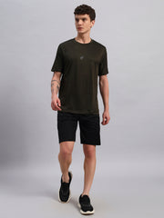 Men Solid Round Neck Polyester Olive T-Shirt