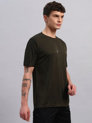 Men Solid Round Neck Polyester Olive T-Shirt