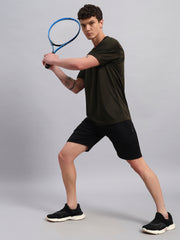 Men Solid Round Neck Polyester Olive T-Shirt