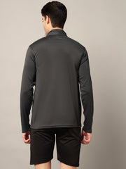 Men Solid Zip Neck Polyester Black T-Shirt
