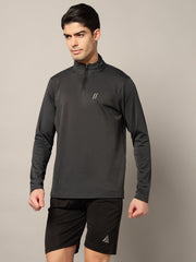 Men Solid Zip Neck Polyester Black T-Shirt