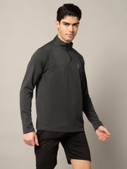Men Solid Zip Neck Polyester Black T-Shirt