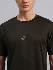 Men Solid Round Neck Polyester Olive T-Shirt