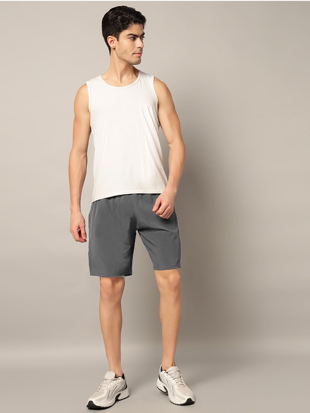 TRUEVINTO Men's Olive Green Knit Shorts, Elastic Waistband, 50 cm Length