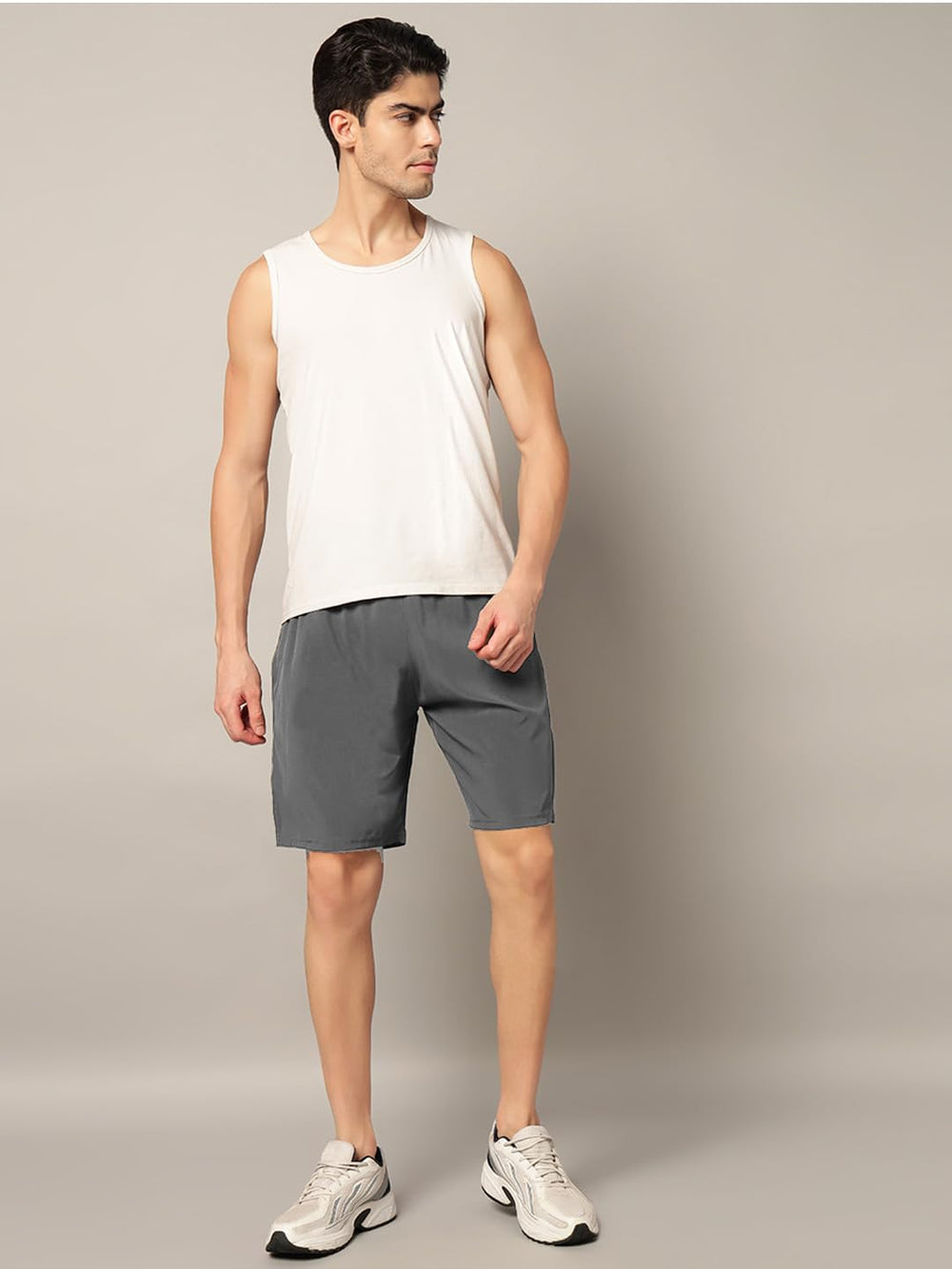 TRUEVINTO Men's Olive Green Knit Shorts, Elastic Waistband, 50 cm Length